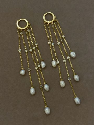 925 Gümüş | Gerçek İncili Taş Detaylı Sarkıt Küpe
