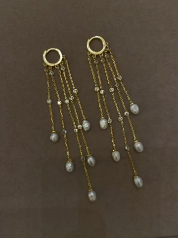 925 Gümüş | Gerçek İncili Taş Detaylı Sarkıt Küpe