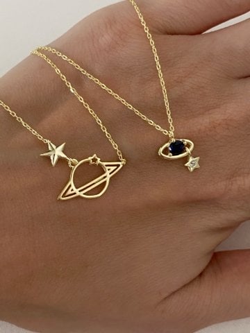 925 Gümüş | Lacivert Taşlı Mini Satürn Kolye