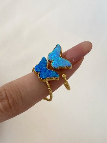 925 Gümüş | Yandan Ayarlamalı Opal Kelebek Yüzük