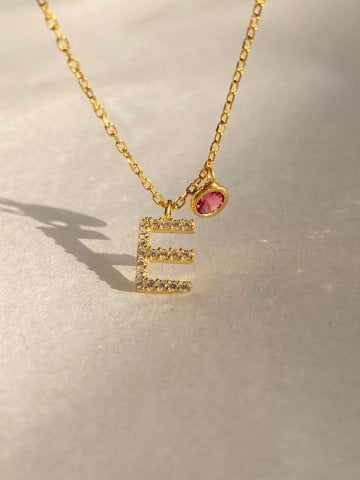 925 Gümüş | Doğum Ayı Taşlı Harf Kolye Gold - 50+5 cm