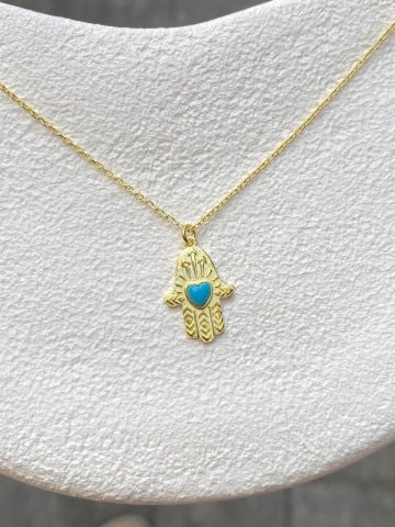 925 Gümüş | Turkuaz Taşlı Kalp Figürlü Hamsa Kolye