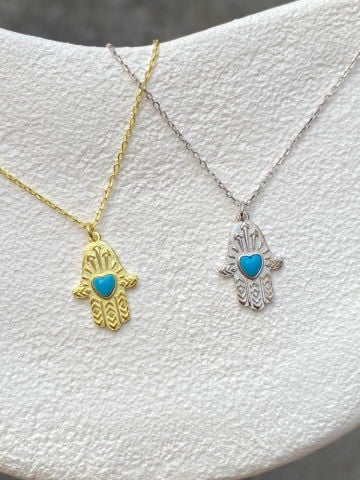925 Gümüş | Turkuaz Taşlı Kalp Figürlü Hamsa Kolye