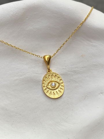 925 Gümüş | Taş Detaylı Oval Göz Plaka Madalyon Kolye Gold