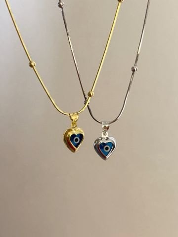 925 Silver | Heart Evil Eye Necklace with Bead Chain