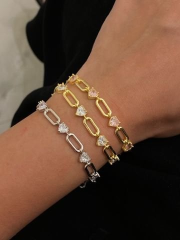 925 Gümüş | Oval Zincirli Taşlı Kalp Bileklik