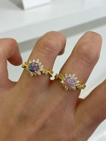 925 Gümüş | Renkli Opal ve Zirkon Taş Detaylı Güneş Yüzük