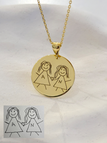 925 Gümüş | Unisex Kendi El Yazın ile İstediğini Yazdır - Fotoğraf Çizdir Yuvarlak Plaka Kolye Gold - 40+5 cm İnce Zincir