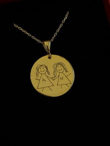925 Gümüş | Unisex Kendi El Yazın ile İstediğini Yazdır - Fotoğraf Çizdir Yuvarlak Plaka Kolye Gold - 40+5 cm İnce Zincir