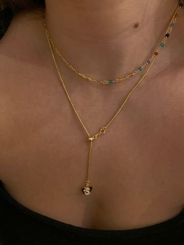 925 Gümüş | Yarısı Zincirli Renkli Doğal Taş Kolye