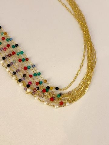 925 Gümüş | Yarısı Zincirli Renkli Doğal Taş Kolye